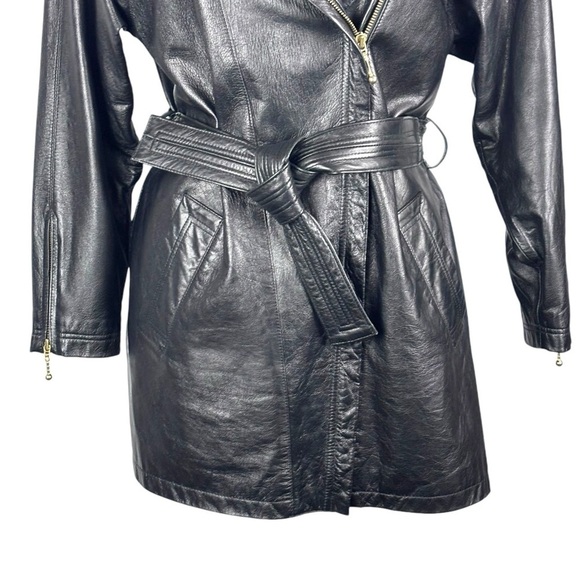 VINTAGE PROMODA GENUINE LEATHER BLACK CLASSIC ASYMMETRIC ZIP FRONT BELTED JACKET - Picture 10 of 16